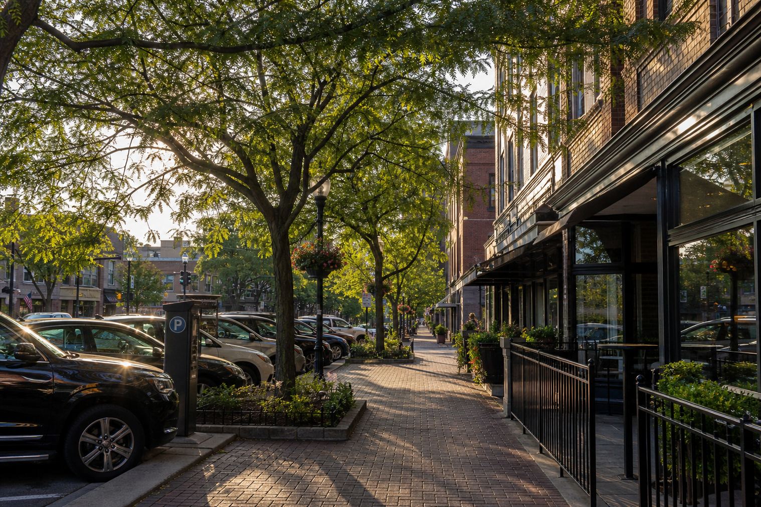 Downtown Arlington Heights, Illinois street with brick storefronts