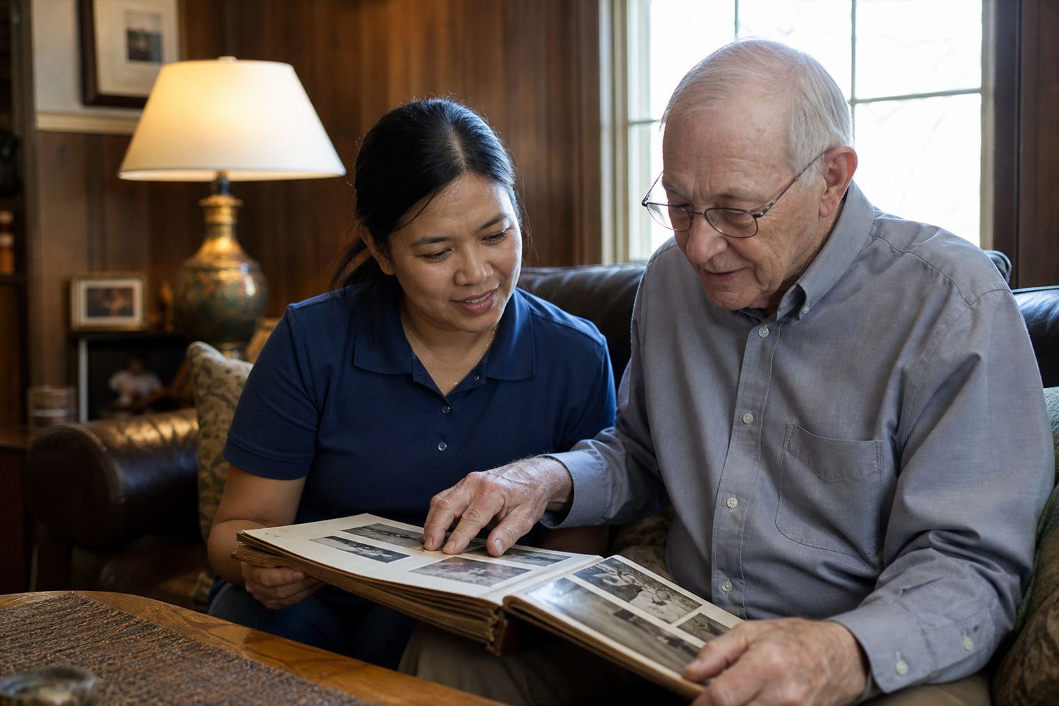 A caregiver looking at a photo album with an older adult in Arlington Heights