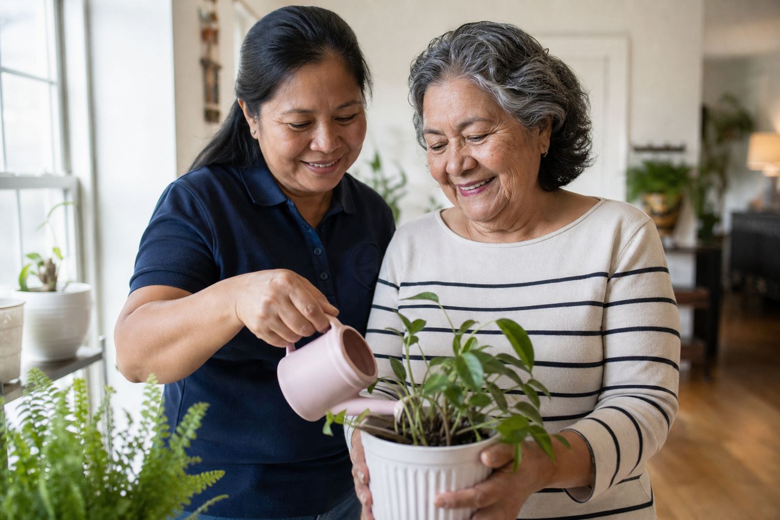 A caregiver watering houseplants with an older adult at home in Aurora