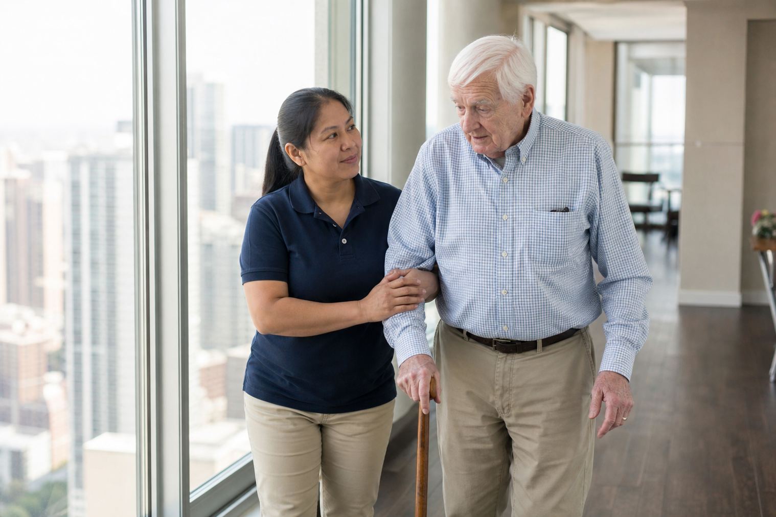 A caregiver walking with an older adult using a cane in a Chicago home