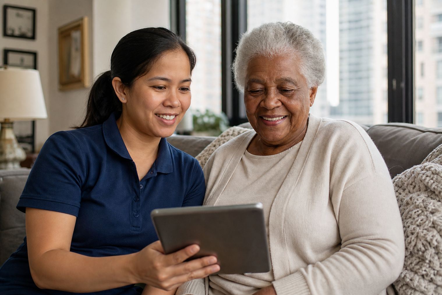 A caregiver and an older adult looking at a tablet together in a Cook County apartment