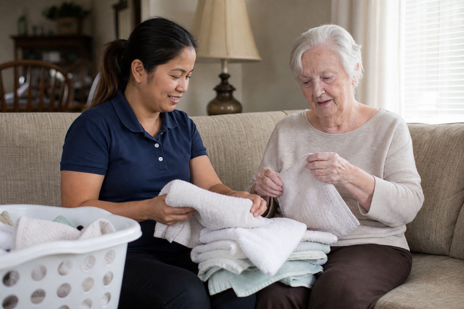A caregiver folding laundry with an older adult at home in Downers Grove