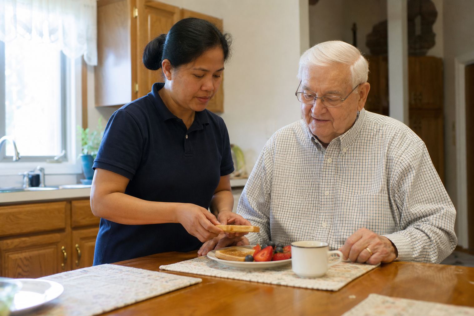 A caregiver helping an older adult with breakfast in a DuPage County kitchen