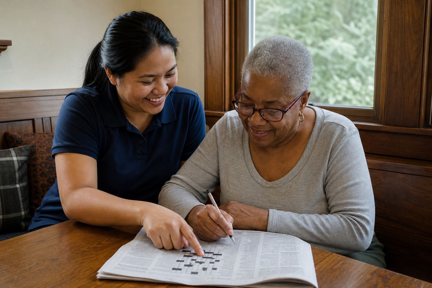 A caregiver working on a crossword with an older adult at home in Evanston