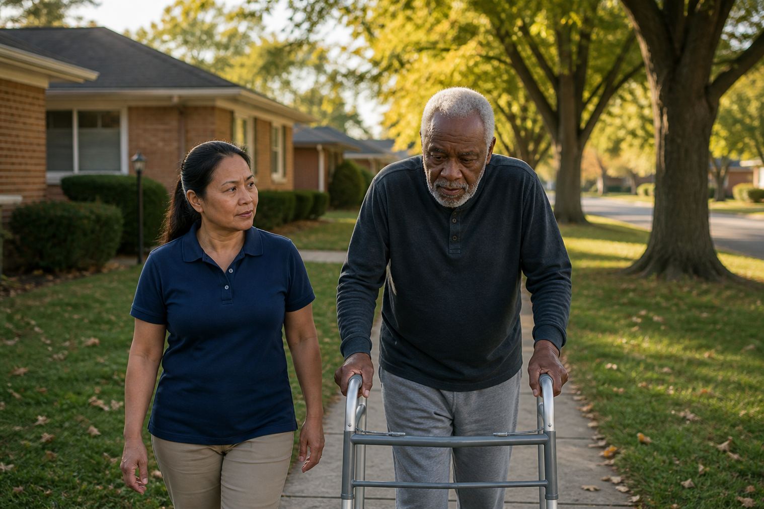 A caregiver walking with an older adult