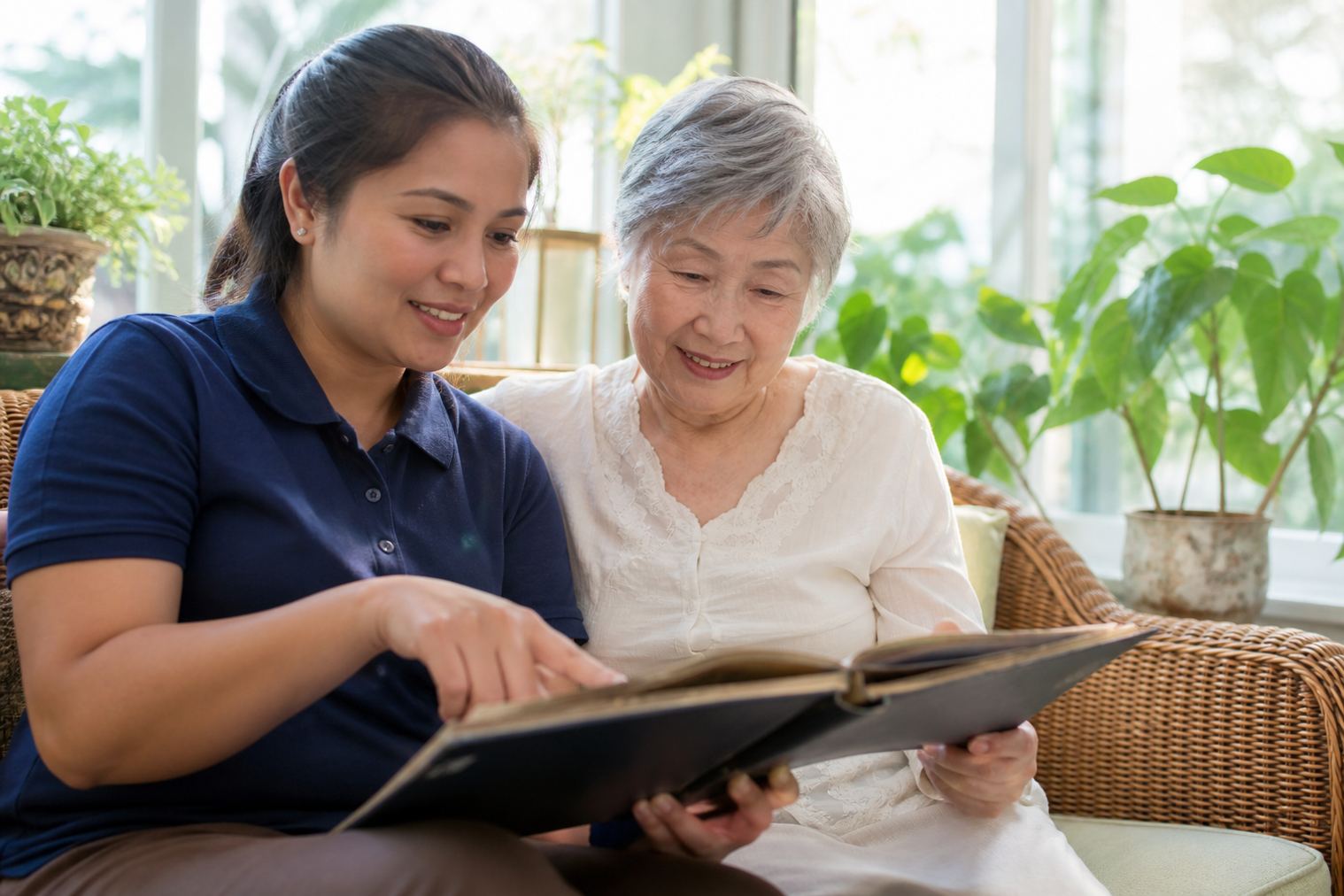 A caregiver reading with an older adult in a sunroom in Naperville
