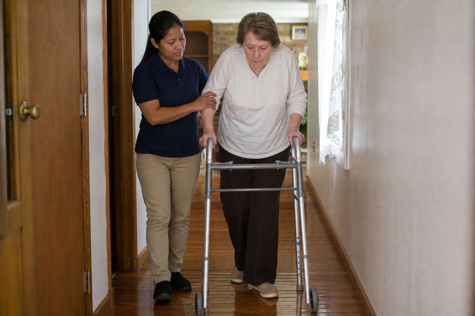 A caregiver walking indoors with an older adult using a walker