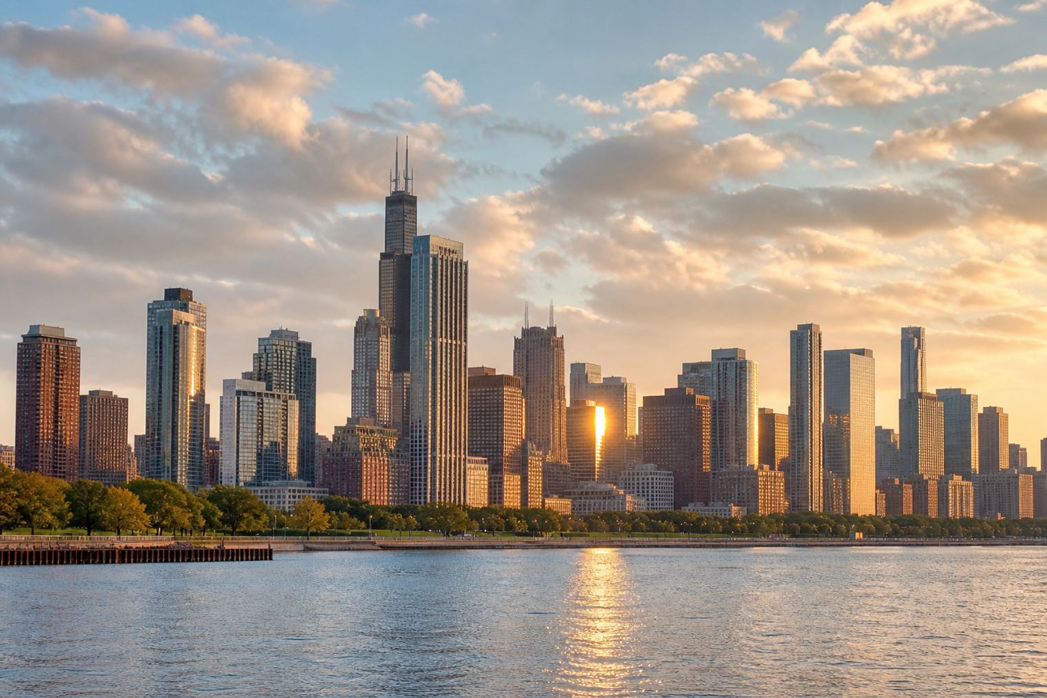 Chicago skyline at golden hour along Lake Michigan