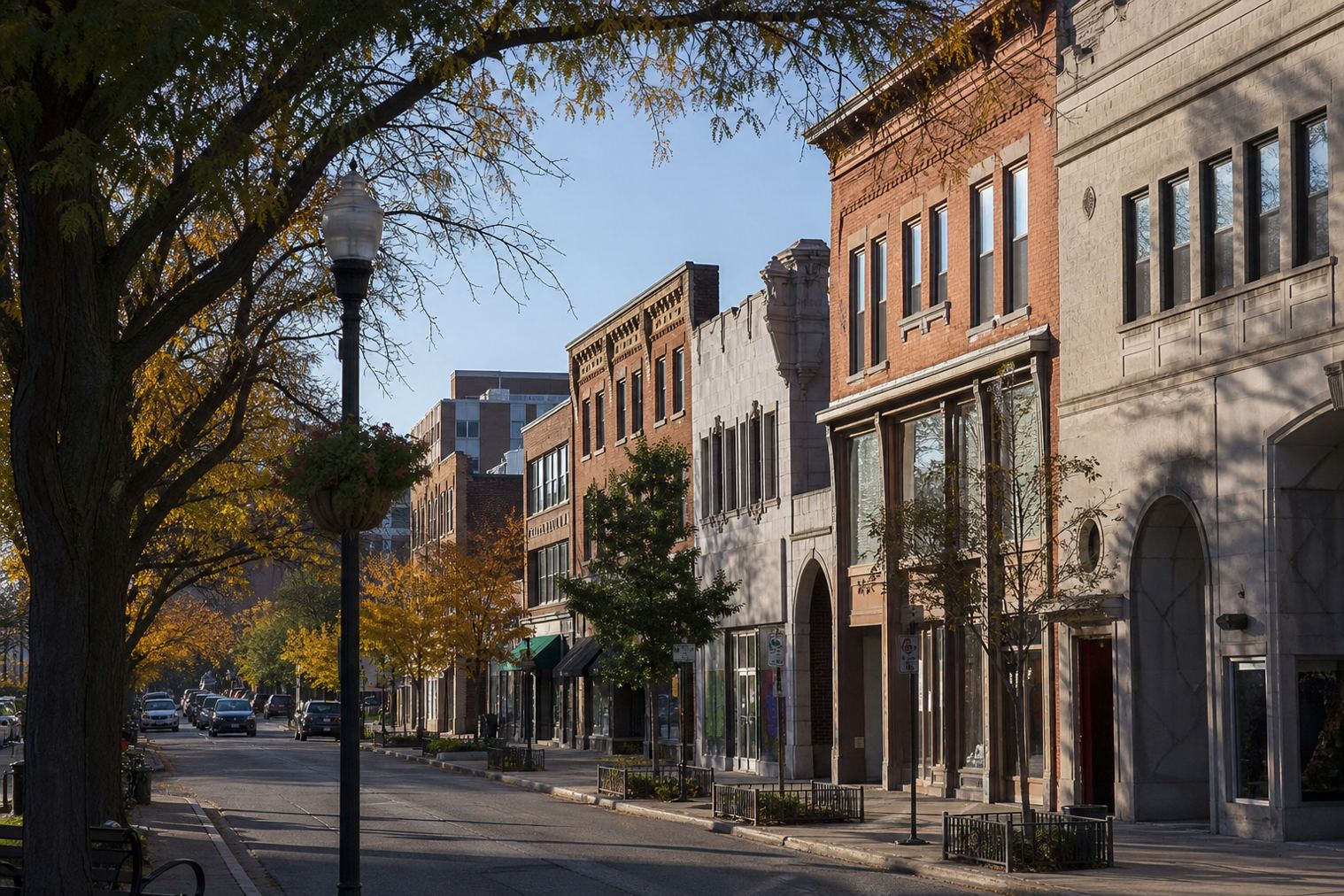 Downtown Evanston, Illinois brick storefronts and tree-lined street