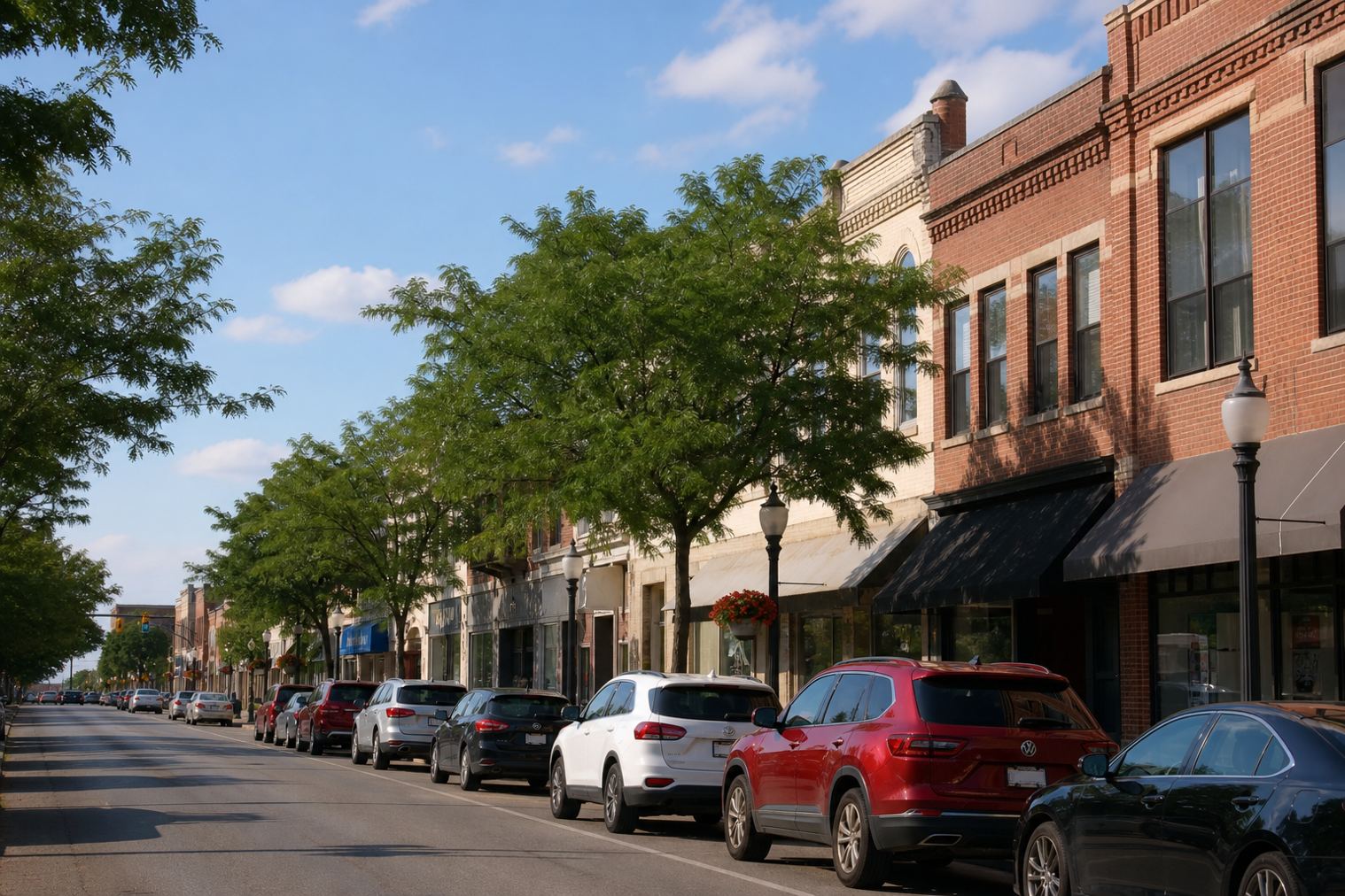 Downtown Lombard, Illinois brick storefronts on a tree-lined street