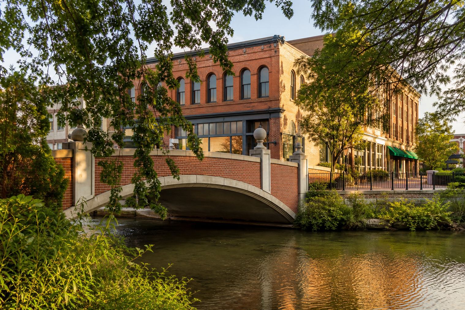 Naperville Riverwalk and brick downtown along the river