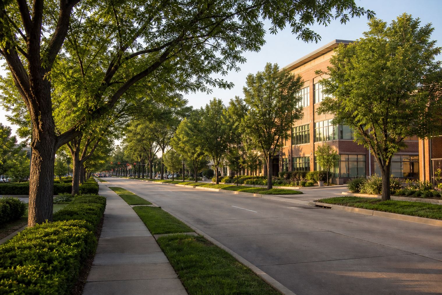 Oak Brook, Illinois landscaped boulevard and village buildings